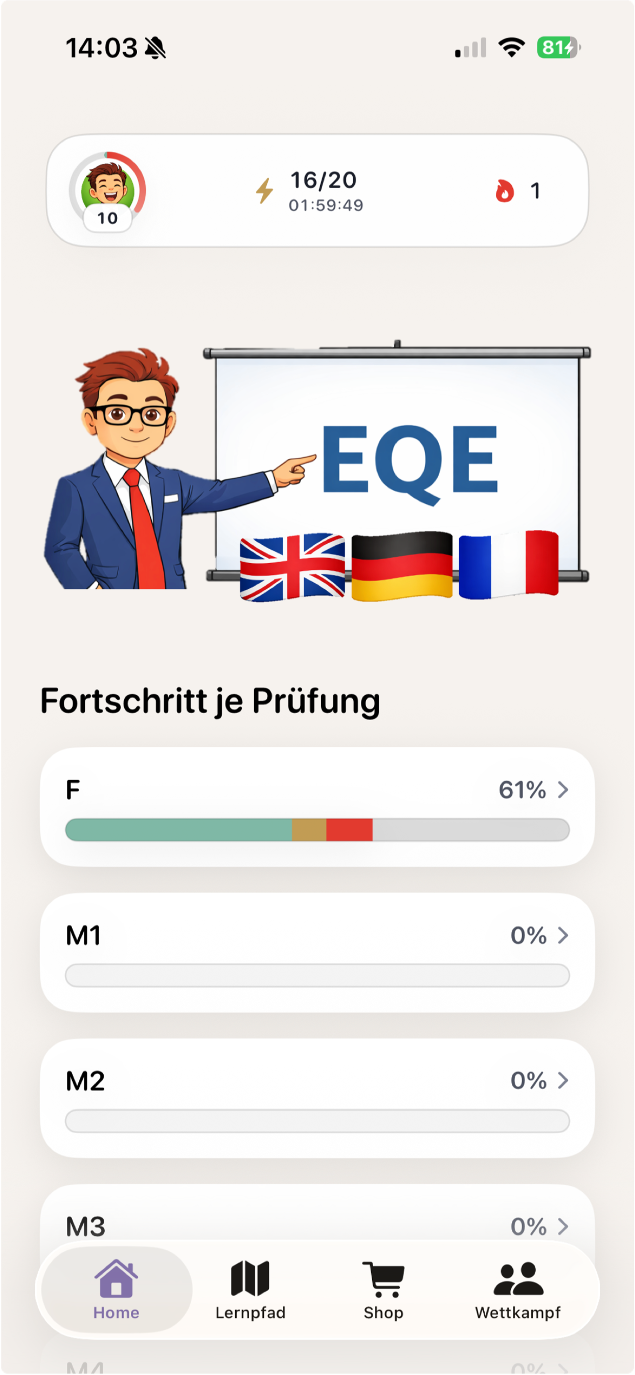 EQEase Home Screen mit Fortschritt je Prüfung